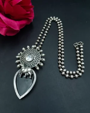 Handcrafted Oxidized Nandi Necklace With Black Mona Lisa Stone, ORN40008