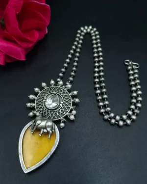 Handcrafted Oxidized Nandi Necklace With Yellow Mona Lisa Stone, ORN40010