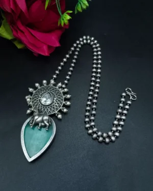 Handcrafted Oxidized Nandi Necklace With Green Mona Lisa Stone, ORN40012