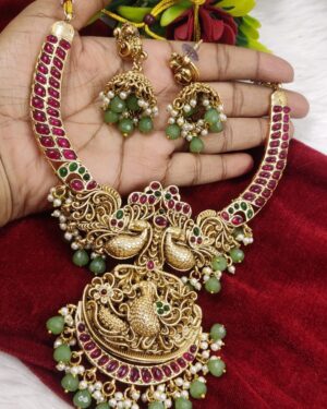 Kundan Temple Jewellery Set with Peacock Design, ORN30039