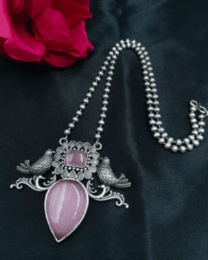 Handcrafted Oxidized Nandi Necklace With Pink Mona Lisa Stone, ORN40018
