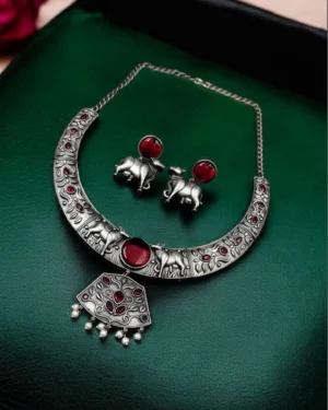 Handcrafted Oxidized Necklace with Earrings, ORN40023