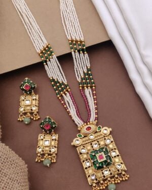 Rajwadi Kundan and Beads Necklace with Earrings, ORN10071