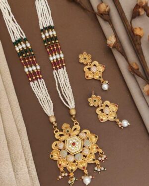 Rajwadi Kundan and Beads Necklace with Earrings, ORN10217