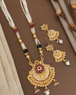 Rajwadi Kundan and Beads Necklace with Earrings, ORN10220