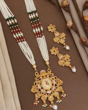 Rajwadi Kundan and Beads Necklace with Earrings, ORN10222