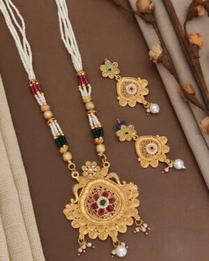 Rajwadi Kundan and Beads Necklace with Earrings, ORN10224