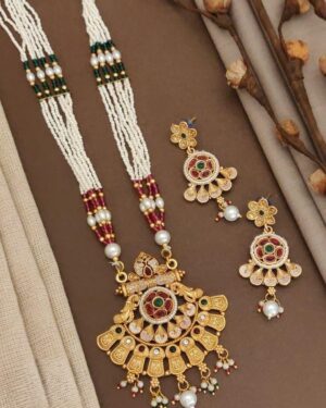 Rajwadi Kundan and Beads Necklace with Earrings, ORN10225