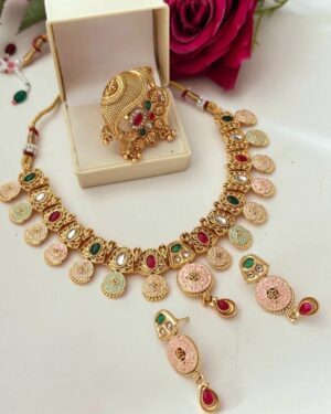 Rajwadi Kundan Choker Necklace Set with Ring, ORN10320