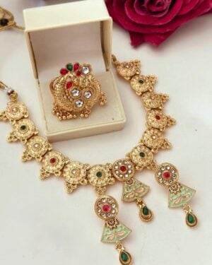 Rajwadi Kundan Choker Necklace Set with Ring, ORN10323