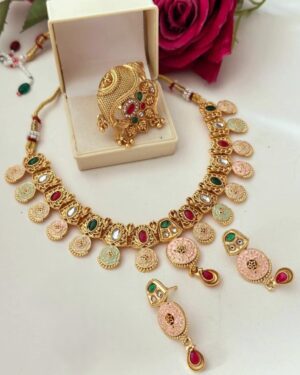 Rajwadi Kundan Choker Necklace Set with Ring, ORN10330