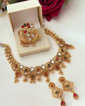 Rajwadi Kundan Choker Necklace Set with Ring, ORN10335