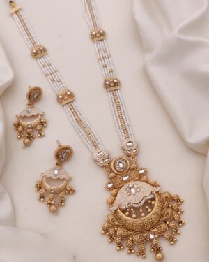 Rajwadi Kundan and Beads Necklace with Earrings, ORN10468