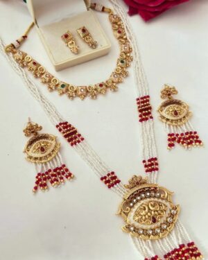 Rajwadi Kundan and Beads Necklace with Earrings, ORN10763