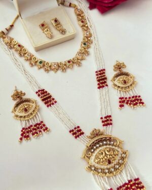 Rajwadi Kundan and Beads Necklace with Earrings, ORN10764