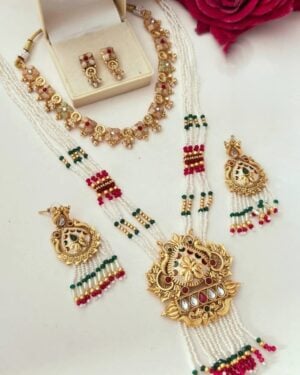 Rajwadi Kundan and Beads Necklace with Earrings, ORN10765