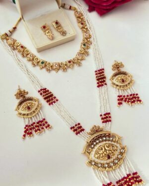 Rajwadi Kundan and Beads Necklace with Earrings, ORN10771