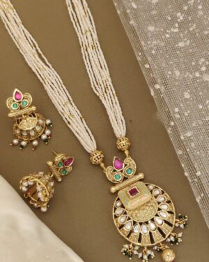 Rajwadi Kundan and Beads Necklace with Earrings, ORN20144