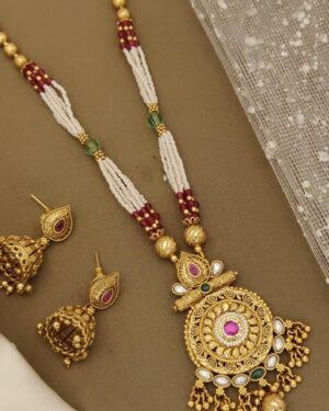 Rajwadi Kundan and Beads Necklace with Earrings, ORN20149