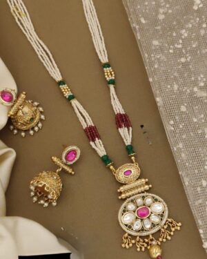 Rajwadi Kundan and Beads Necklace with Earrings, ORN20154