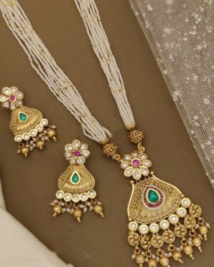 Rajwadi Kundan and Beads Necklace with Earrings, ORN20155
