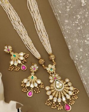 Rajwadi Kundan and Beads Necklace with Earrings, ORN20161
