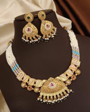 Rajwadi Kundan and Beads Necklace with Earrings, ORN20178