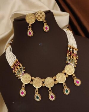 Rajwadi Kundan and Beads Necklace with Earrings, ORN20179